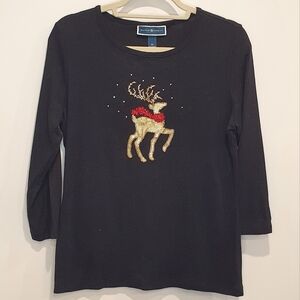 Karen Scott long sleeve knit tee with 3D bedazzled reindeer, black gold, medium